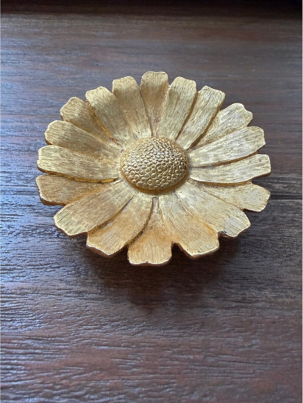 Vintage Hanna Bright Gold Flower Trinket Dish -MCM Floral Ring Tray 9cm